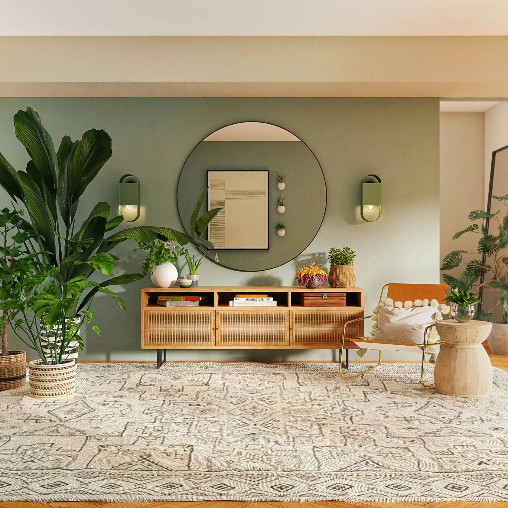 Interior designer's workspace - laptop showing Instagram app, mood boards, plant, and color swatches on desk.